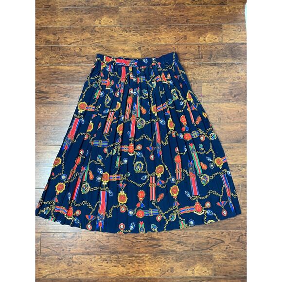 80s Alfred Dunner Navy Pleated Midi Skirt Medals Chain Print Scarf Preppy Sz 10 - Picture 7 of 8